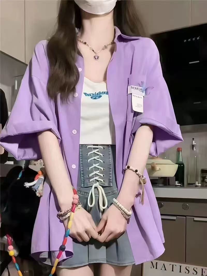 美式復古寬鬆短袖襯衫女設計感小眾港味襯衣寬鬆學生紫色顯瘦上衣