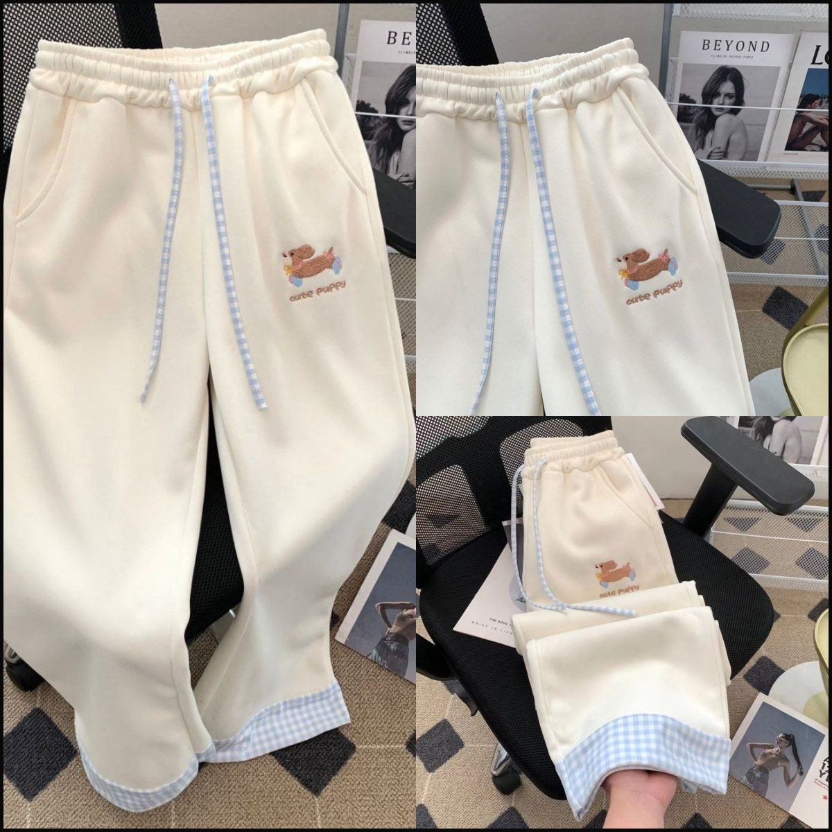 可愛拼接格子小狗刺繡直筒褲甜美休閒春秋新款百搭寬鬆闊腿褲女生