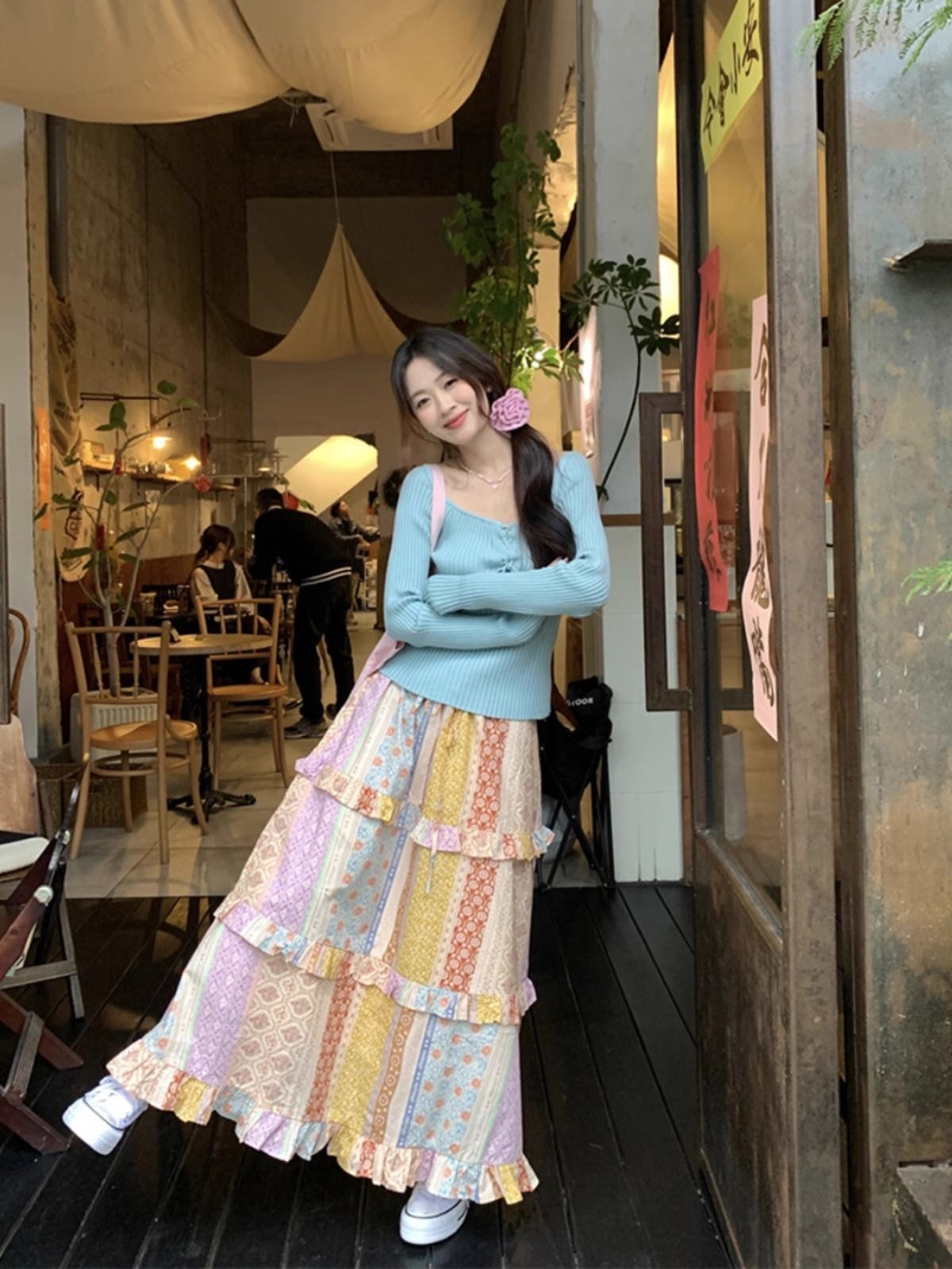 真絲印花半身裙女春夏2025新款設計感小眾高腰顯瘦花邊A字中長裙
