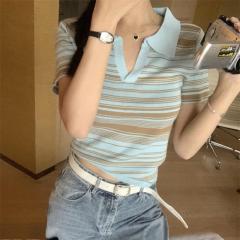 Hollywood Style Polo Neck Knit Shirt Striped T-Shirt with Ice Cool Silk