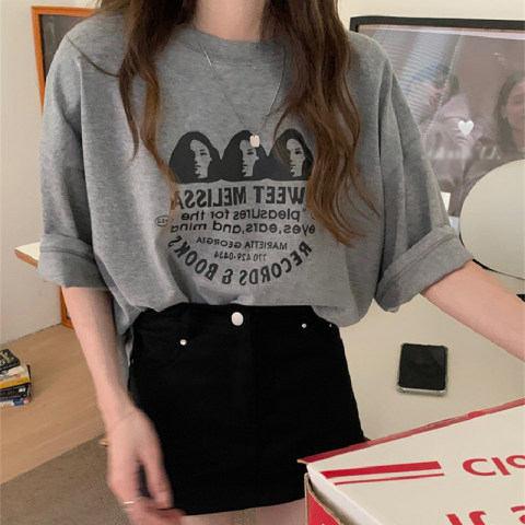 Korean foreign trade Korean new casual printed T-shirt for women in summer round neck loose fashionable versatile short-sleeved top