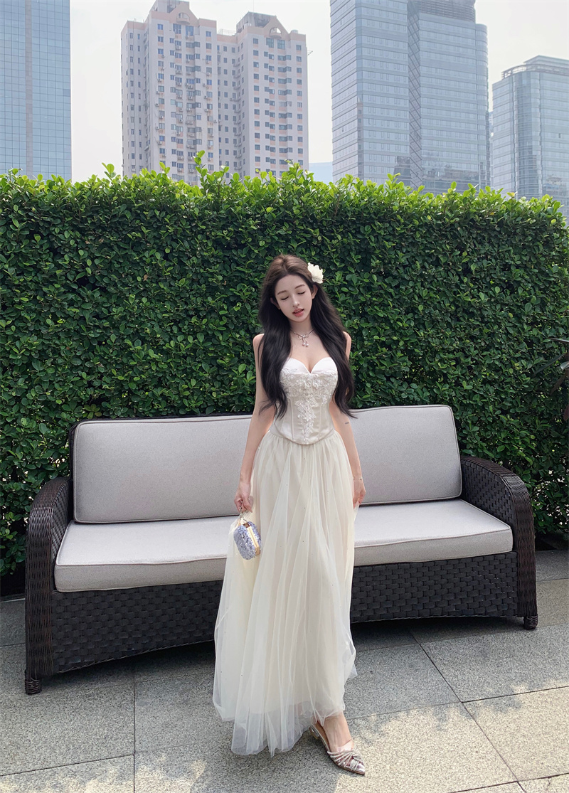 實拍~ 度假生日敬酒禮服穿搭套裝女緞面吊帶上衣網紗半身裙