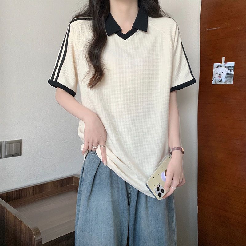 實拍 撞色條紋華夫格POLO領短袖T恤女夏港味chic寬鬆體恤上衣