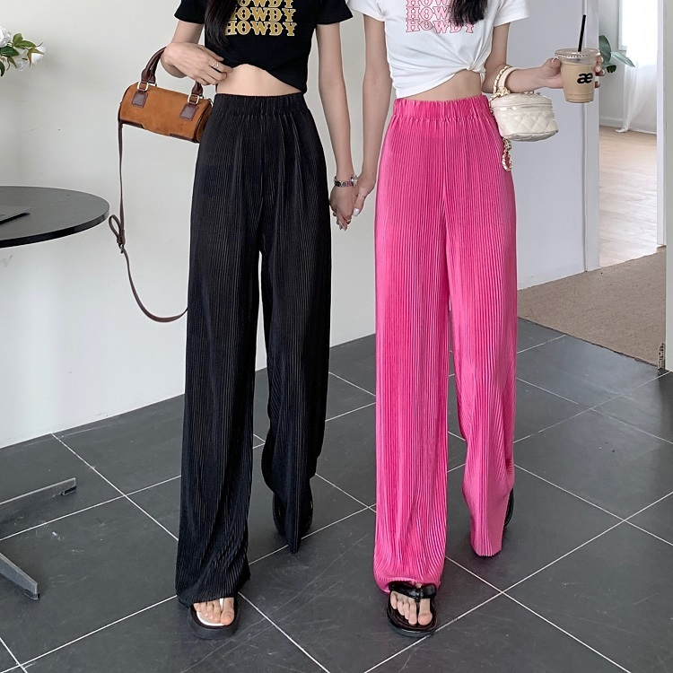 Korean foreign trade Korean version large-size women's clothing ice silk cool straight pants women's high waist draped and pleated style wide-leg pants