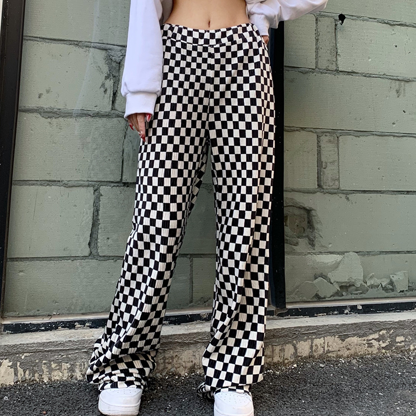 Korean foreign trade large-size women's autumn casual pants for women straight Korean version retro wrinkle chess board plaid pants versatile