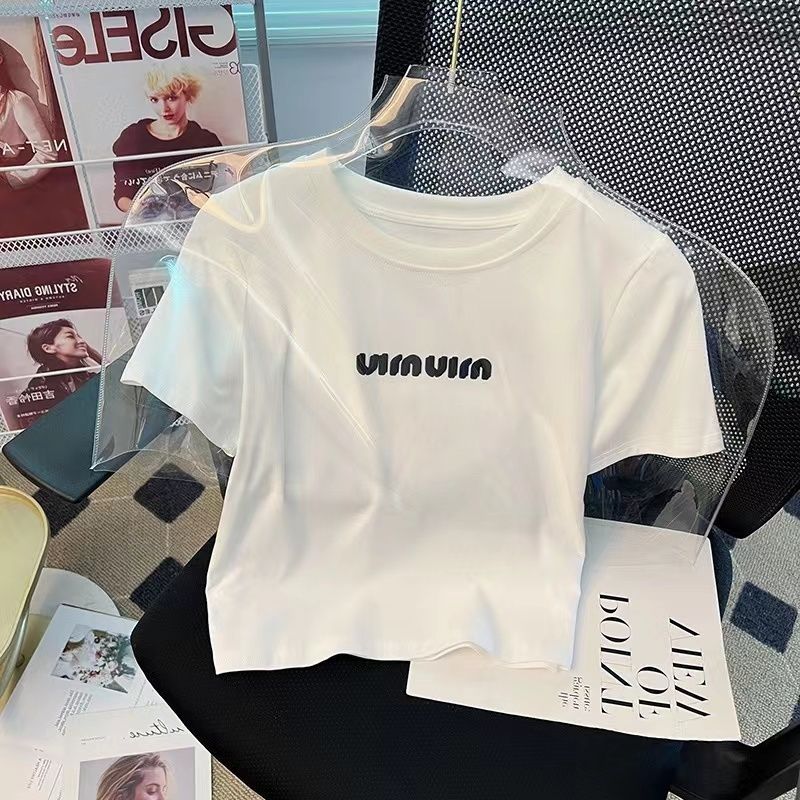 Pure cotton original foreign trade Korean version rear bag collar summer new women's round neck printed slim short T-shirt for women short sleeves
