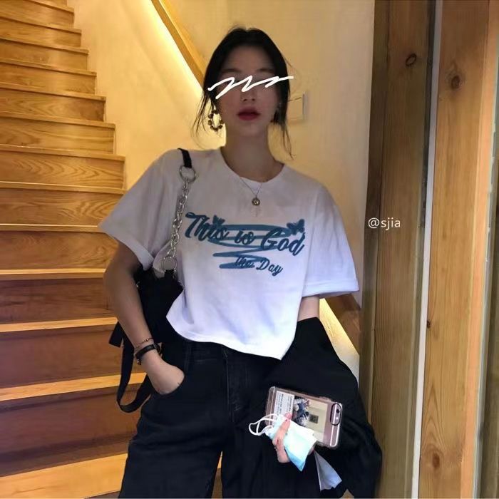 純棉原版外貿韓版後包領夏季新款女裝圓領印花修身短款T恤女短袖