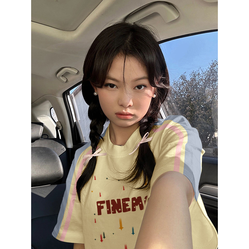 High-quality pure cotton 220g 19 pieces of wool + feel printed loose large version of raglan contrasting color short-sleeved T-shirt for women