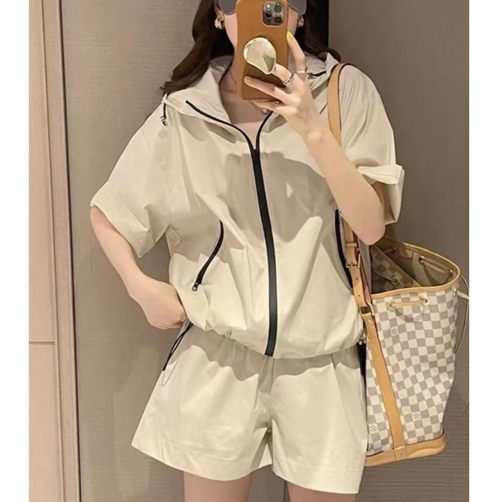 新款時尚連帽寬鬆開衫防曬衣套裝女小個子夏季新款薄款短褲兩件套