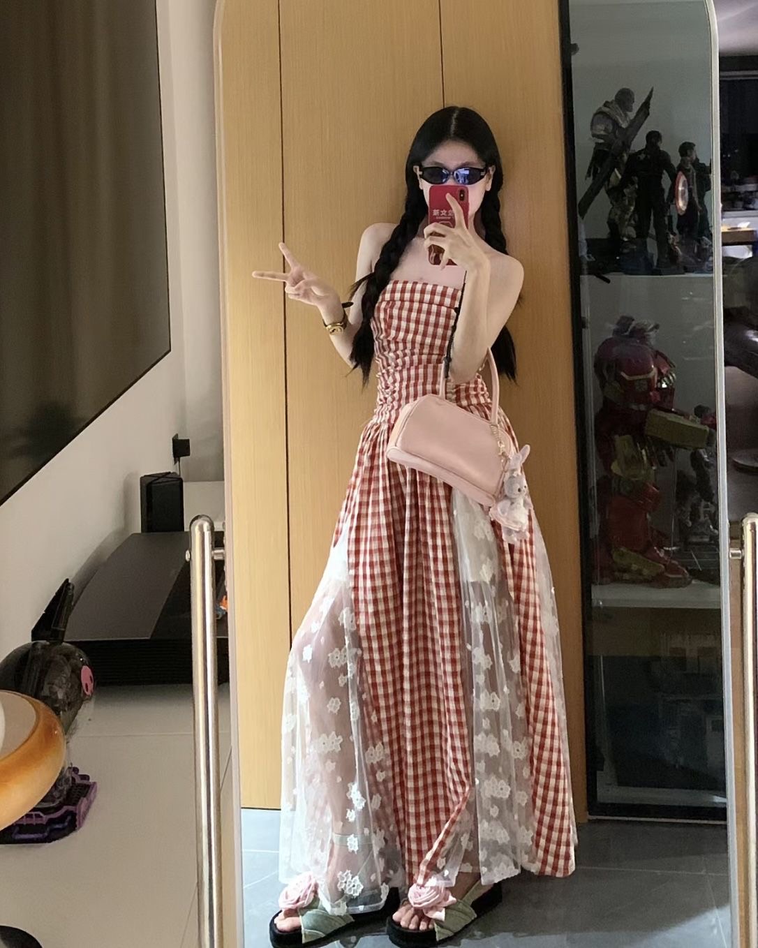 French 2025 plaid retro strapless dress summer temperament new style waist-hugging spliced ​​skirt to make you look slim and long skirt