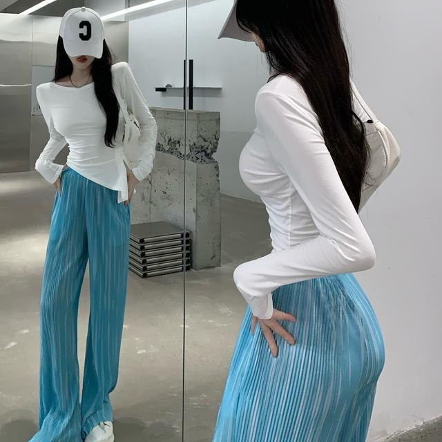 Korean foreign trade large-size women's high waist draped straight-leg pants for women's design new style of ice cheese glazed pleated casual pants