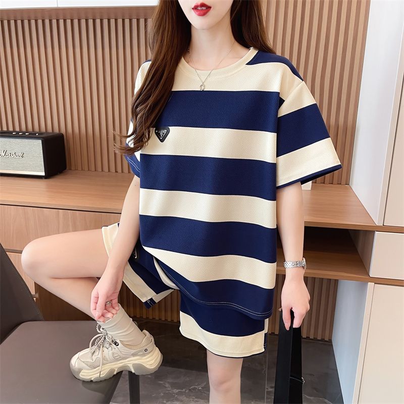 Photographed~ Quality/After-sales Service Included/100% Cotton/Loose Fashion Color-blocked Striped Sports Two-Piece Set for Women Summer