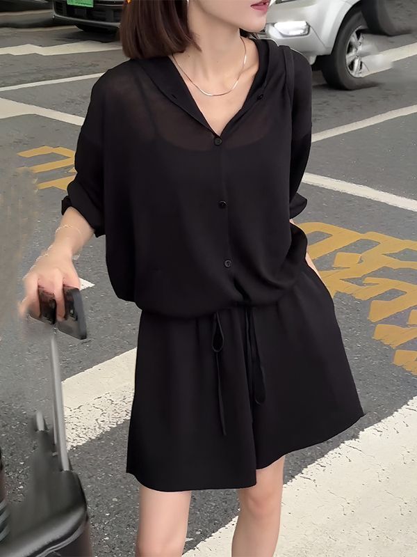 連帽防曬襯衫短褲兩件套女夏季新款設計感小眾襯衣薄款開衫女