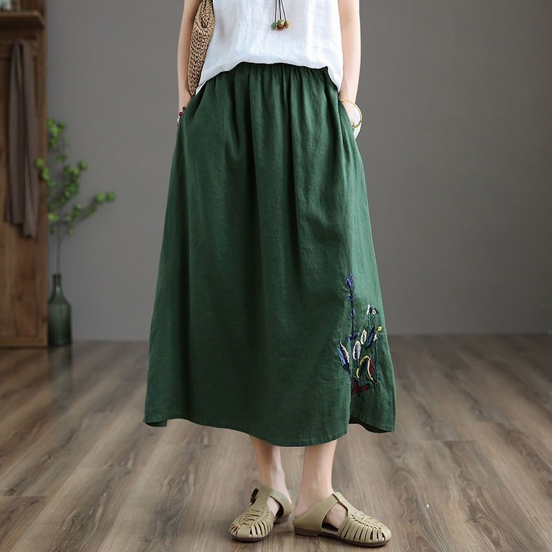 棉麻半身裙夏季復古女新款刺繡純色大擺裙百搭顯瘦中長款女裙