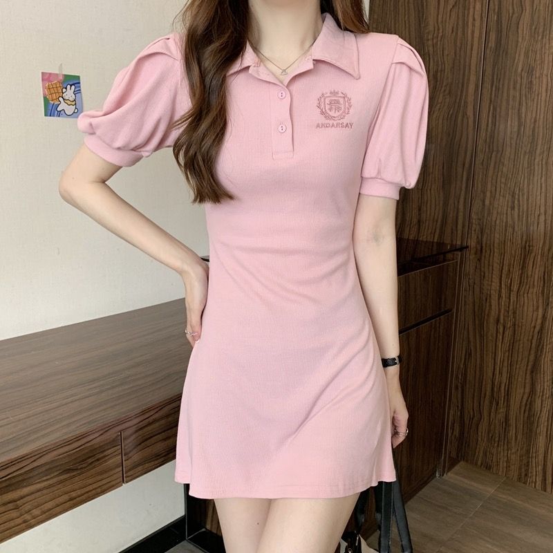 Sweet and spicy style Polo neck dress for women 2025 summer new style waist-hugging and slimming puff sleeve short-sleeved A-line skirt trendy