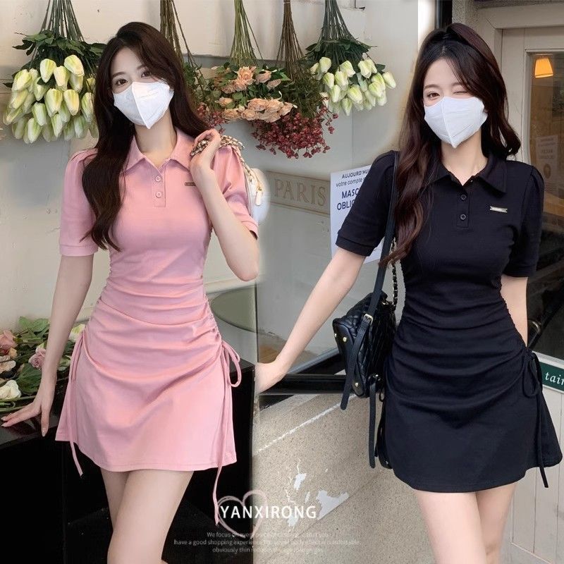 Pink girl with clear design drawstring Polo collar showing slim dress pure and sexy hot girl slim skirt