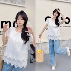 Women's Summer White Casual Open-Neck Short-Sleeve Shirts with Holes for Large Sizes, Fat MM Fat-Hiding and Slimming Tops