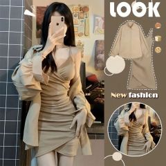 辣妹交叉褶皺包臀連衣裙女純欲風不規則短款收腰修身吊帶連衣裙夏