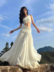 Original quality French white sleeveless off-shoulder dress for women in summer design long skirt vacation style skirt