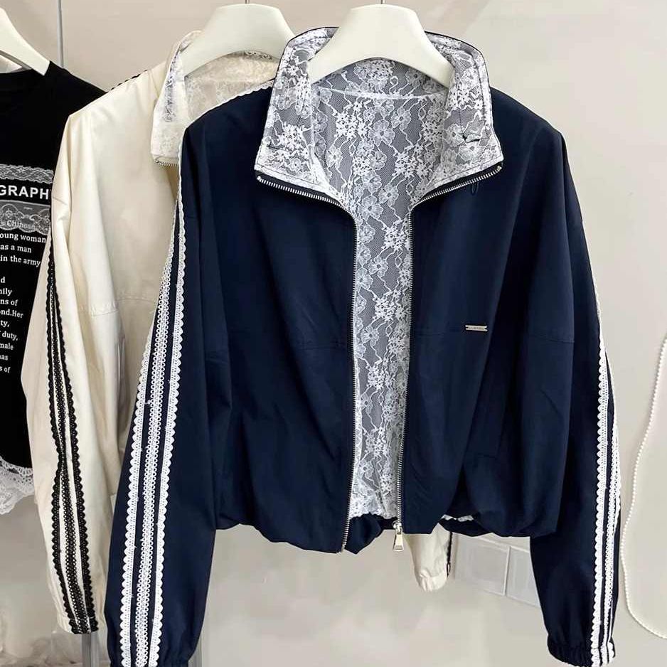 Original quality~ High-grade lining lace ruffle spliced stand-up collar coat zipper jacket 