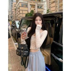 Short floral apricot color small long-sleeved cardigan T-shirt for women in spring and summer sweet hot girl slim and low-collar top