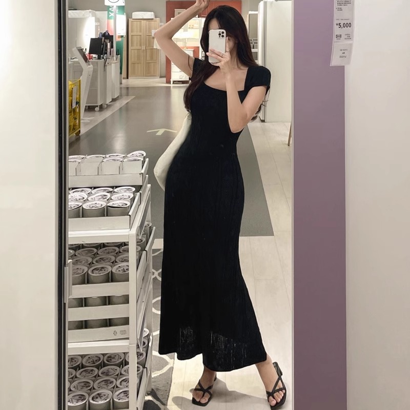 純欲方領短袖針織連衣裙女裝夏季性感修身魚尾中長裙氣質包臀裙子