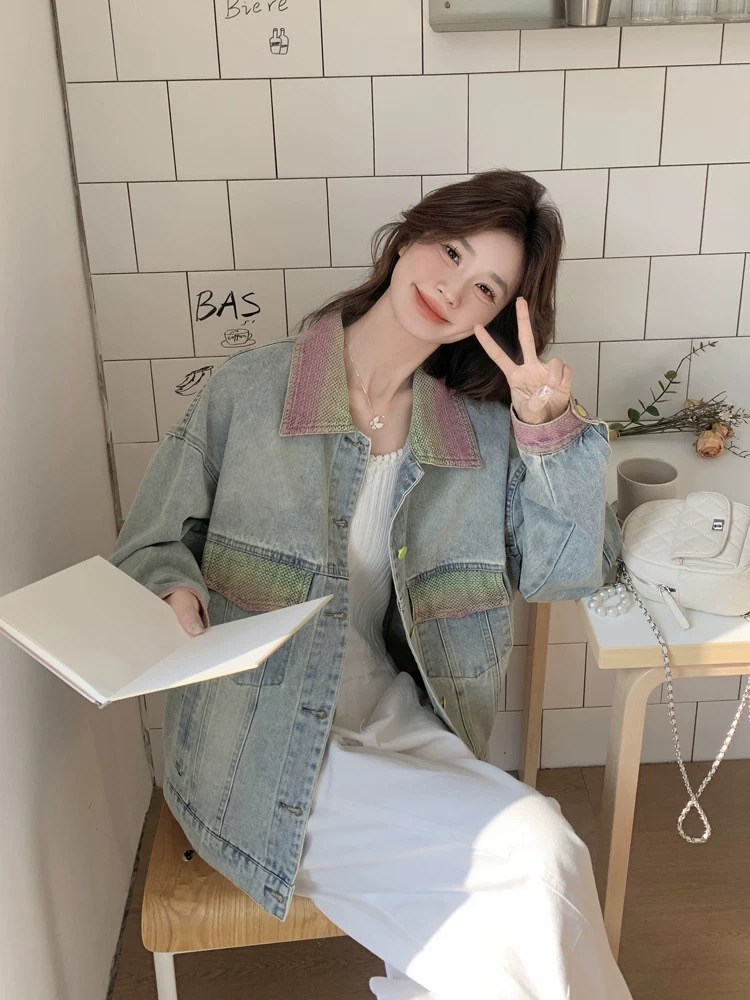 Super beautiful gradient contrast lapel denim jacket for women 2025 spring new design niche jacket short top