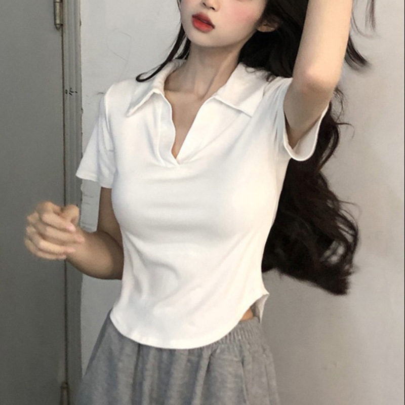 POLO Collar Short Sleeve T-Shirt Women Summer New Korean Version Irregularity Small Group Spicy Girl Slim Fit Versatile Top 