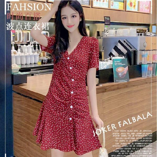 Summer 2025 new Korean version short-sleeved mid-length V-neck women's temperament waist-hugging slim chiffon polka dot a-line dress