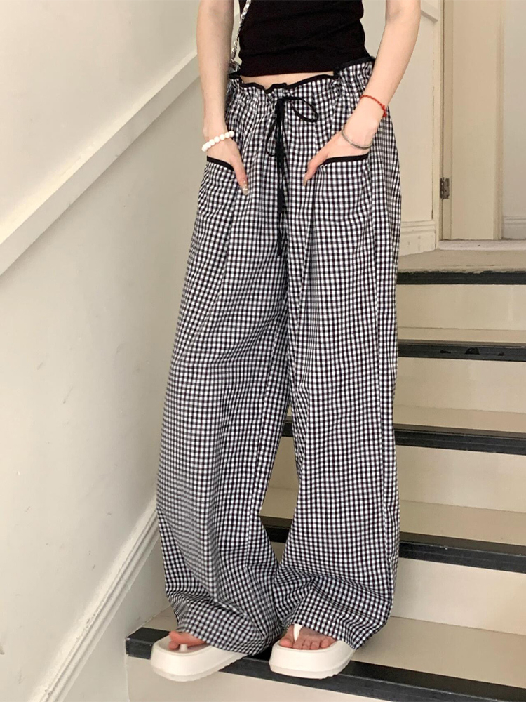Foreign trade black and white plaid pants for women for spring thin new high waist drooping lazy casual straight flower bud wide-leg pants