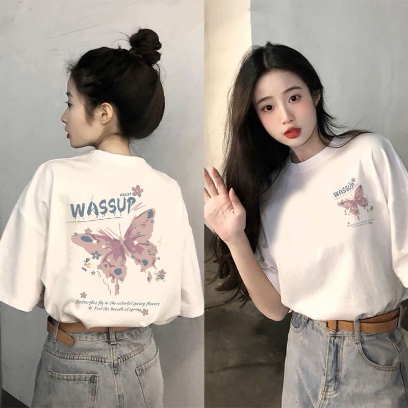 夏季短袖白色t恤女2025新款時尚潮流蝴蝶印花體恤寬鬆小上衣體恤