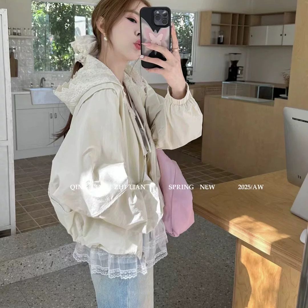 蕾絲拼接連帽短外套女薄款2025年春夏季新款時尚百搭顯瘦防曬上衣