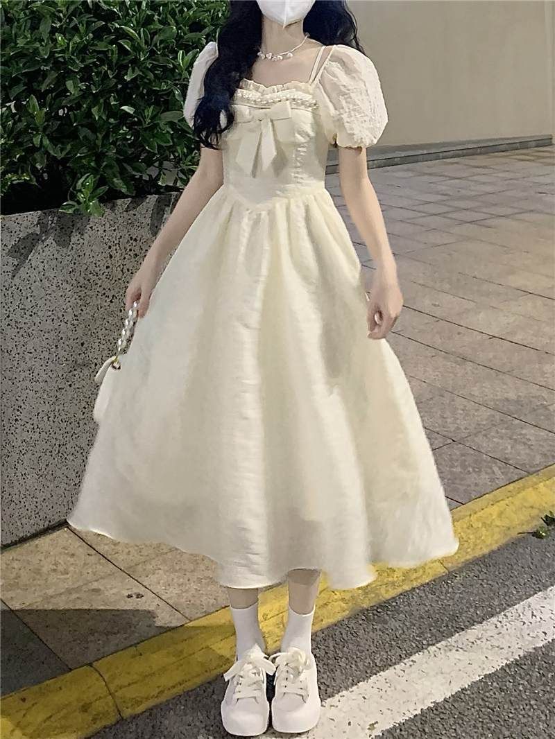 有內里+隱形拉鏈連衣裙女2025夏季新款蝴蝶結收腰公主裙