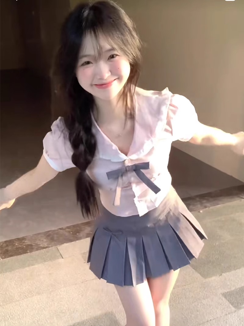 College style sweet hot girl pink suit women summer jk uniform small Korean shirt pleated skirt two-piece set