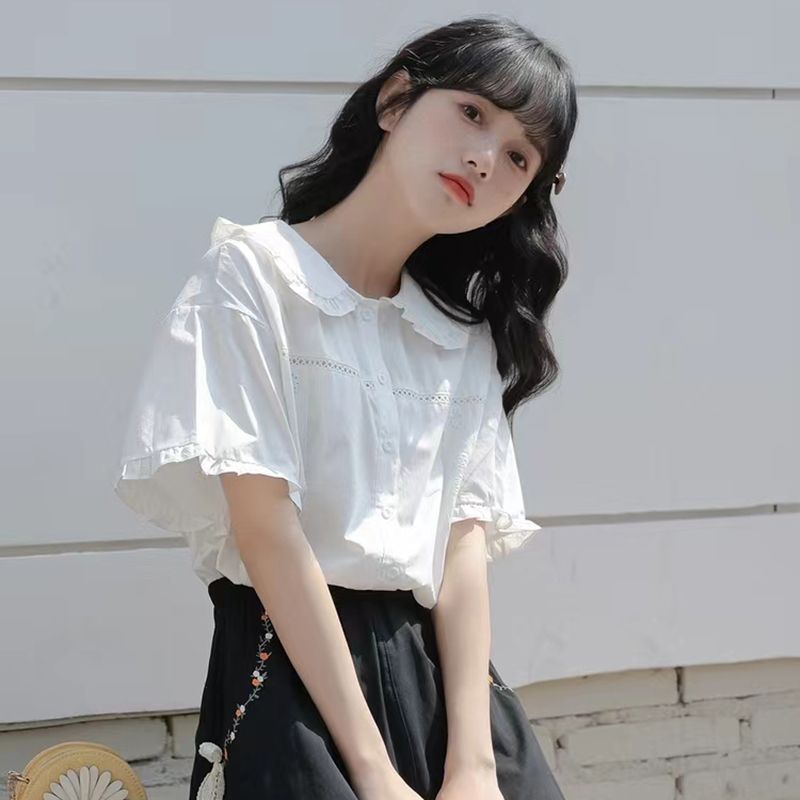 短袖襯衫女學院風甜美花邊襯衫女設計感可愛襯衣