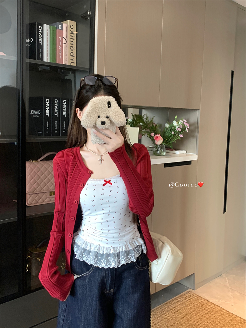 Real photo of white bow lace lace suspender vest cardigan two-piece set for women
