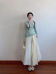 The soft-fitting half-length skirt with black ears in summer new elastic waist French sweet temperament loose A-line long skirt ins