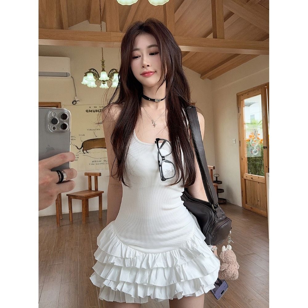 White suspender dress for women in summer chic ruffle skirt ballet style a-line skirt