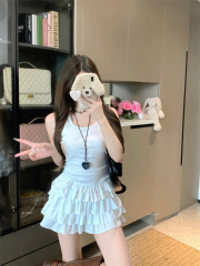 Real photo of flower bud square collar suspender dress for women with spring slim waist-tight spliced ​​white sleeveless knitted skirt