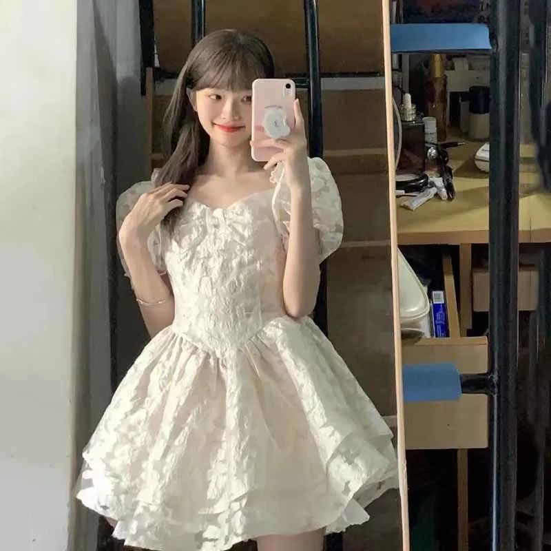 夏季新款提花娃娃裙泡泡袖連衣裙復古風甜美拼接方口領公主裙