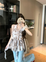 Real shot of hot girl style neck vest women's new summer ruffle streamer design temperament top