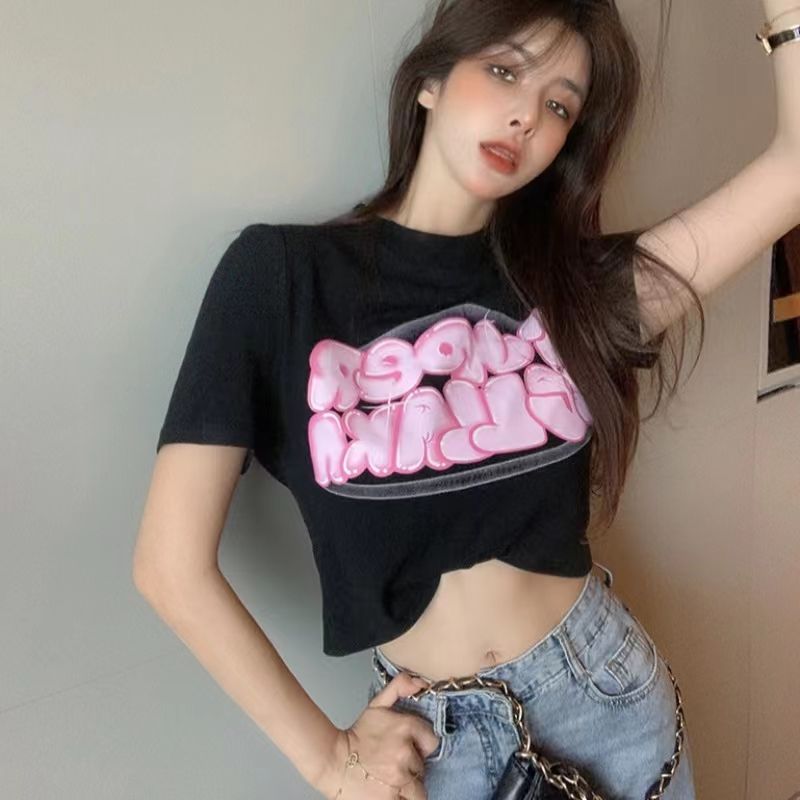 純棉原版外貿韓版後包領夏季新款短袖T恤女高腰露臍圓領修身上衣