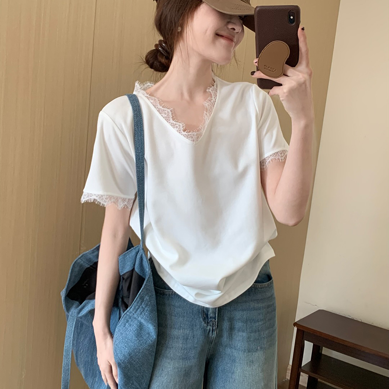 Small lace lace V-neck short sleeve 2025 summer new Korean version high-end loose versatile solid color top