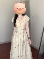 French sweet square necklace puff sleeve off-shoulder dress for women in summer waist-hugging and slimming over-knee long skirt