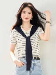 實拍拼色條紋披肩假兩件正肩短袖針織衫女夏季寬鬆半袖體恤上