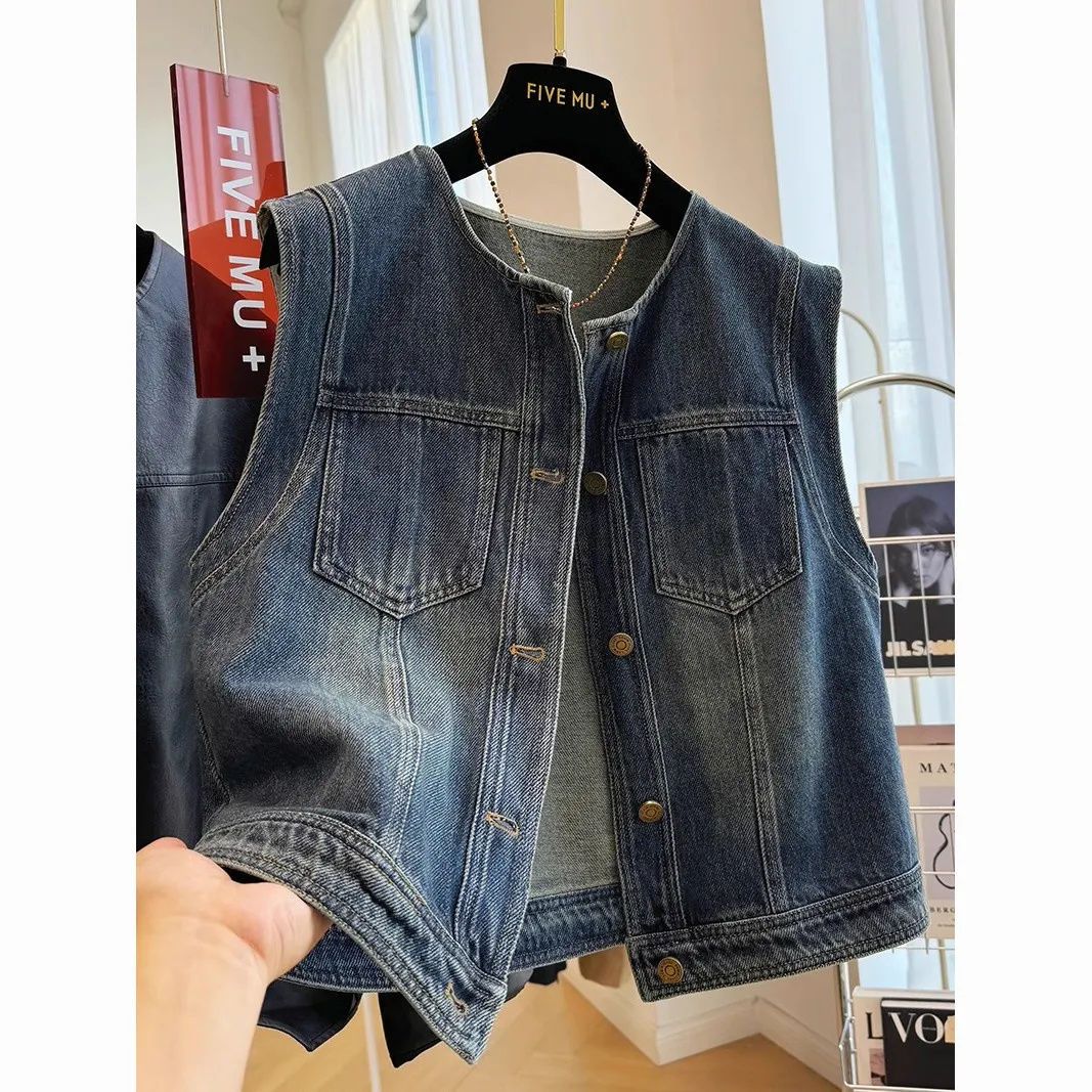 Retro denim vest jacket for women in spring and summer new round neck loose slim horse clip fashionable vest vest top