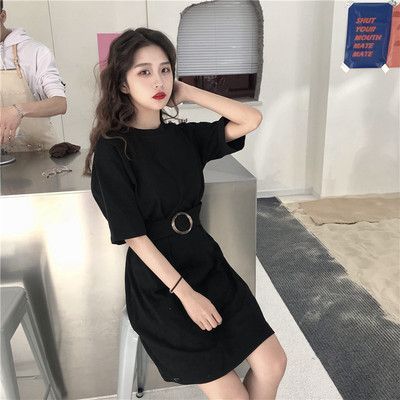 2025 spring and summer Korean mid-length loose and versatile waist-hugging solid color short-sleeved T-shirt dress