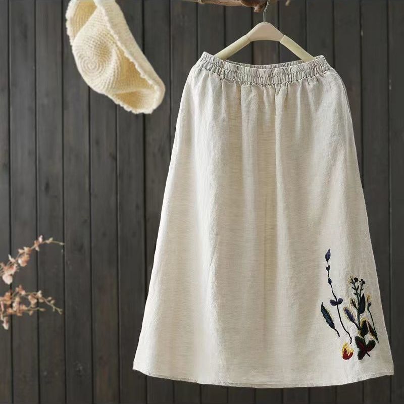 棉麻半身裙夏季復古女新款刺繡純色大擺裙百搭顯瘦中長款女裙