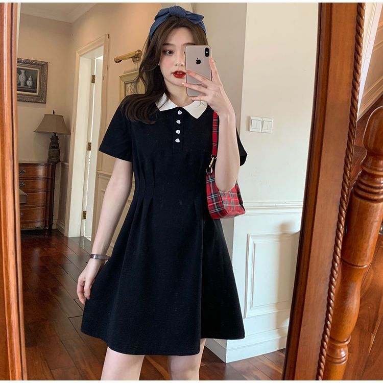 Korean style dress summer new polo collar female college style small waist slim short design fairy skirt