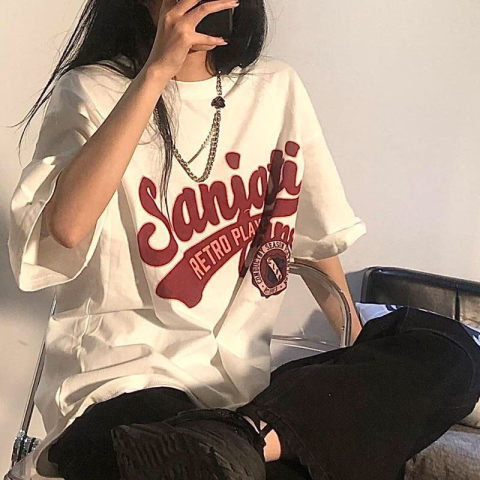 Korean foreign trade Korean new casual printed T-shirt for women in summer round neck loose fashionable versatile short-sleeved top